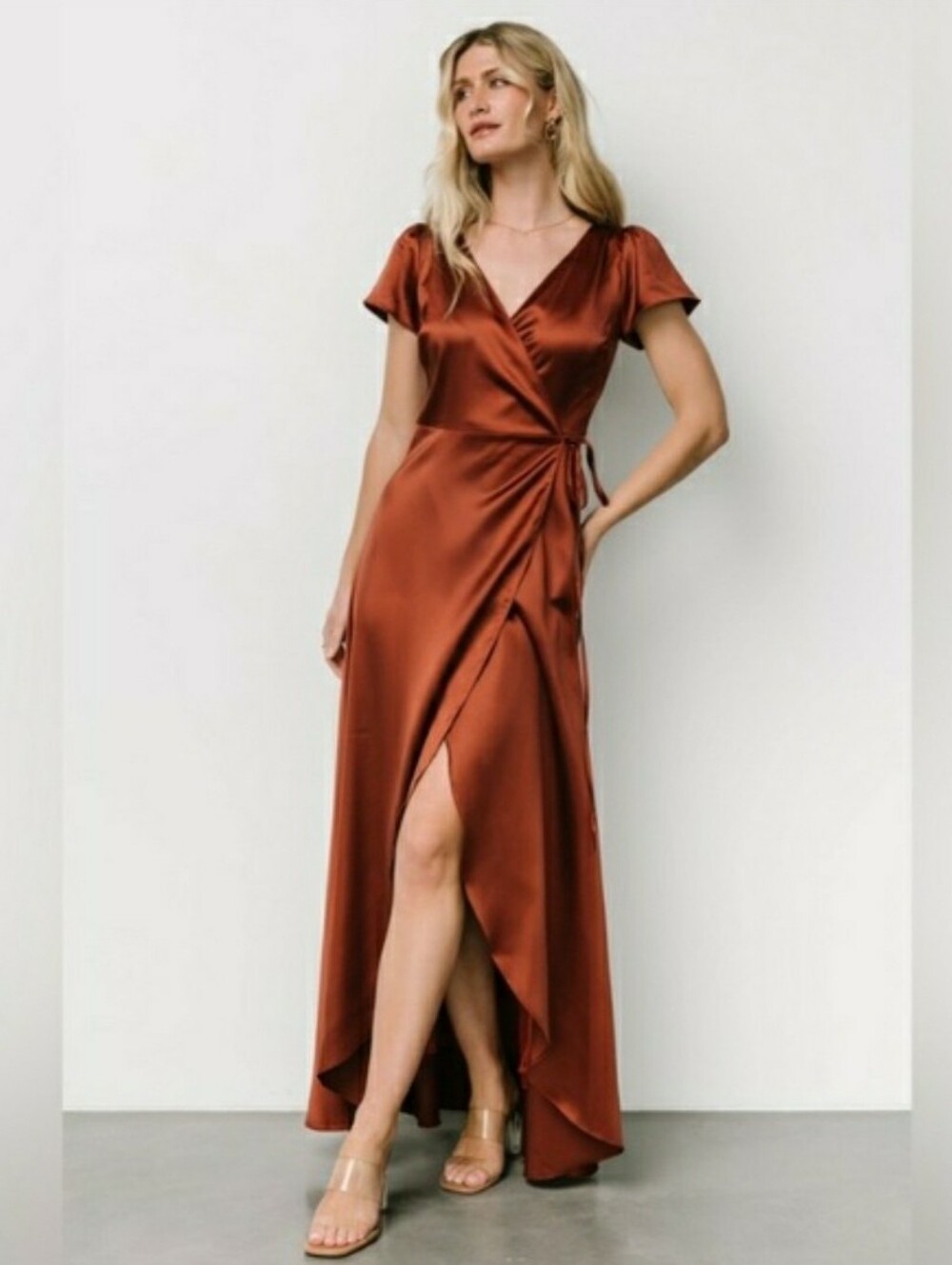 Baltic Born Krystal Satin Wrap Gown Maxi Dress Cinnamon Rust Copper Size XL